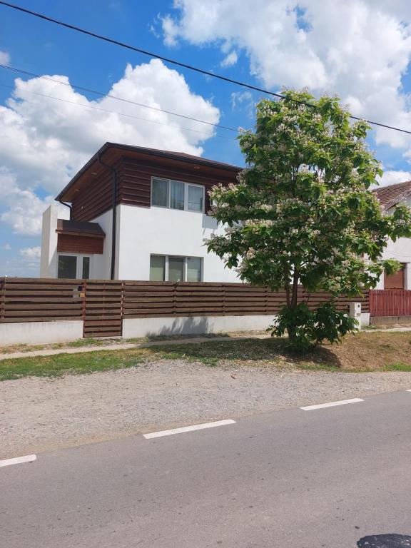 SăcueniVILA ONIX的一座带木栅栏和树的房子