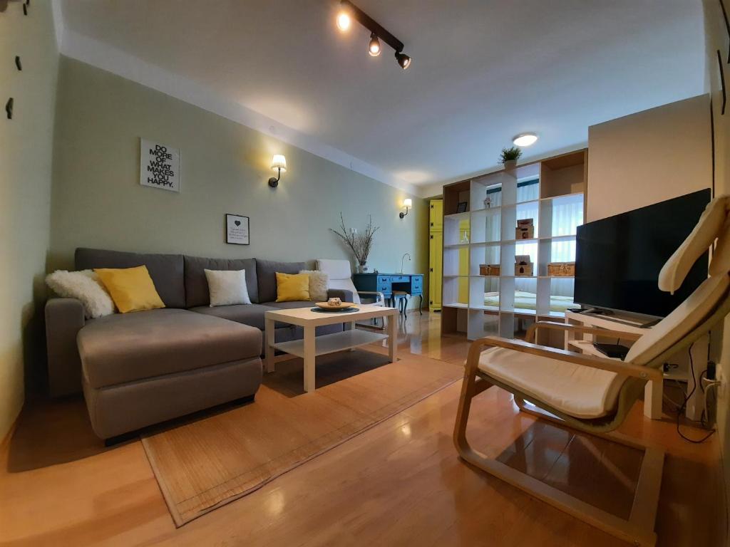 萨格勒布Apartment B44的带沙发和电视的客厅