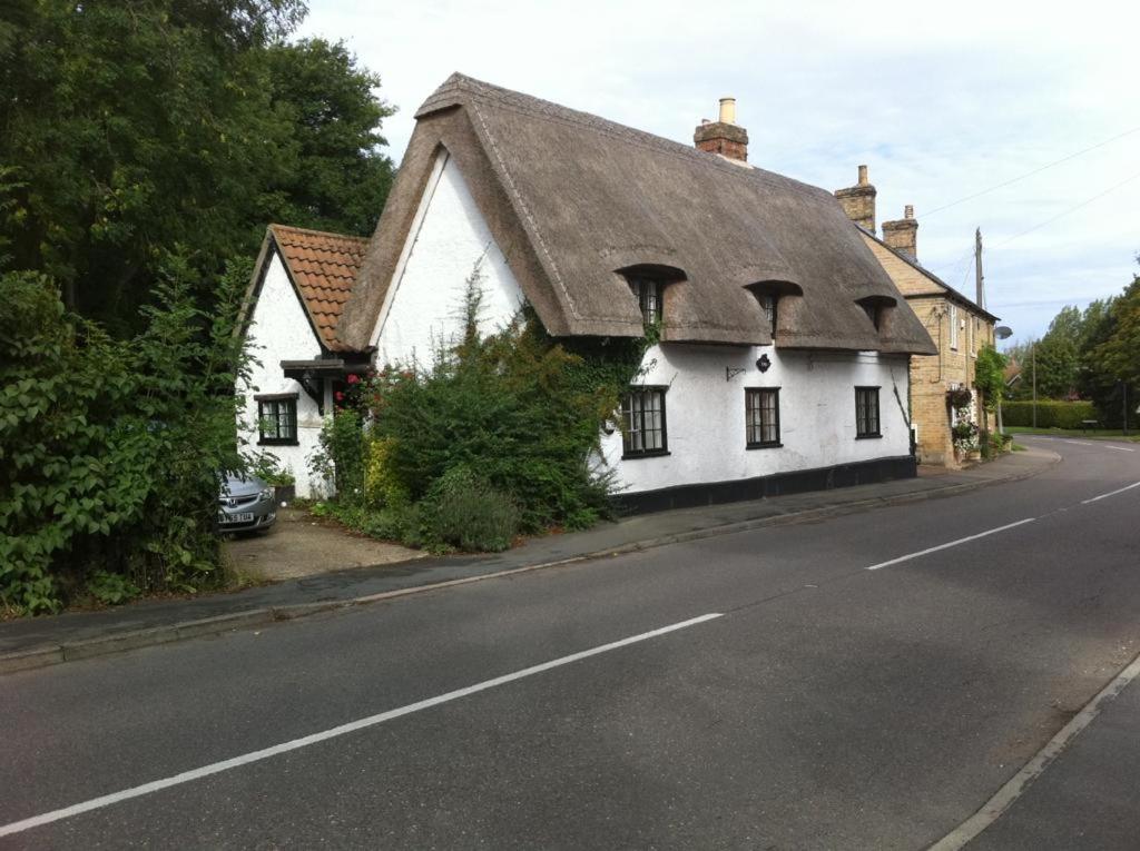 Great StaughtonQuirky 18th Century Thatched Cottage的路边有屋顶的白色房子