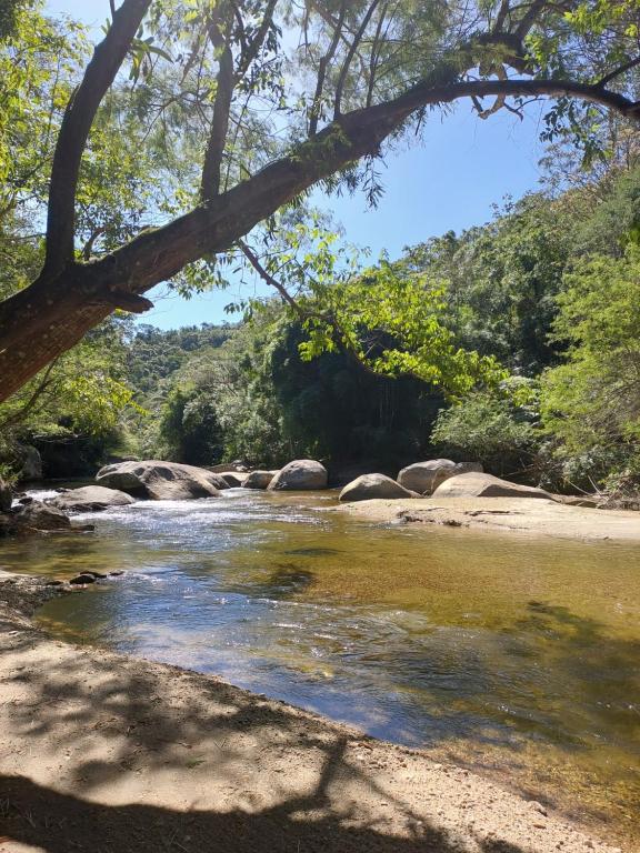 新弗里堡Lumiar Eco Lodge - Chalé Telhado Verde的一条有岩石和树木的河流
