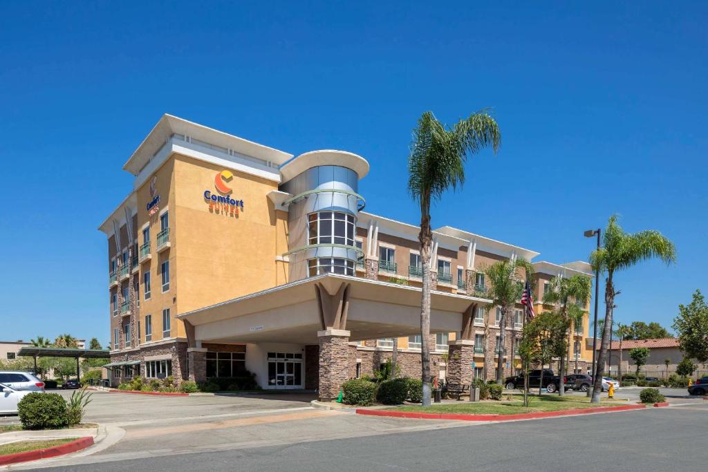 安大略Comfort Suites Ontario Airport Convention Center的一座酒店大楼,前面有棕榈树