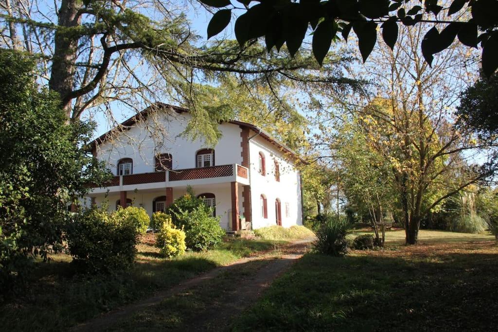 maison de campagne avec grand lac et park arboré的前面有树木的大白色房子