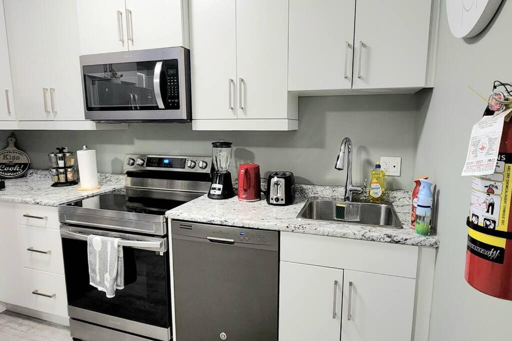 里贾纳QUIET & COZY MODERN SUITE CLOSE TO RCMP的厨房配有炉灶、水槽和微波炉