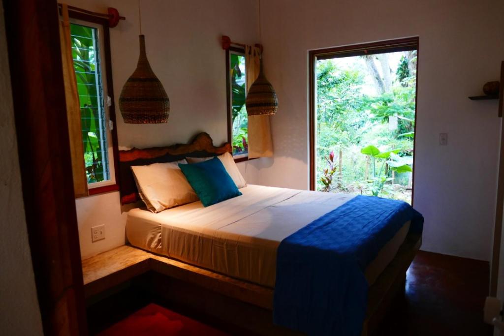 圣伊格纳西奥Alma Del Rio Eco-Comfort on the water的一间卧室设有一张床和一个窗口