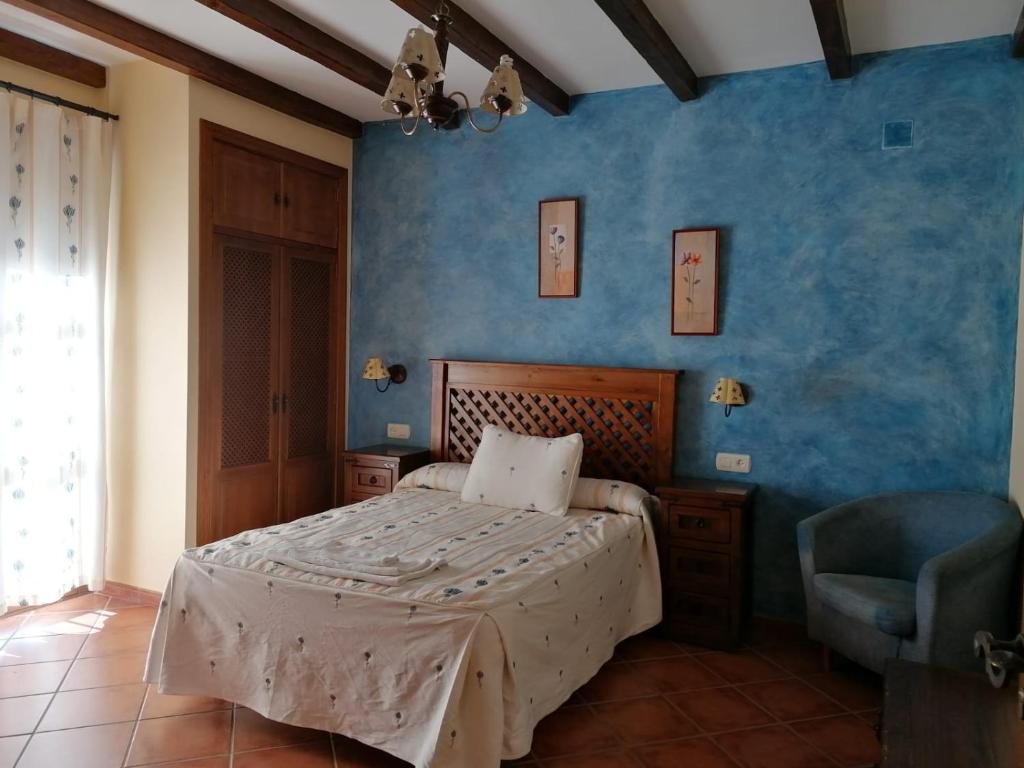 卡塞雷斯Casa rural Suerte de los Mozos的一间卧室设有一张床和蓝色的墙壁