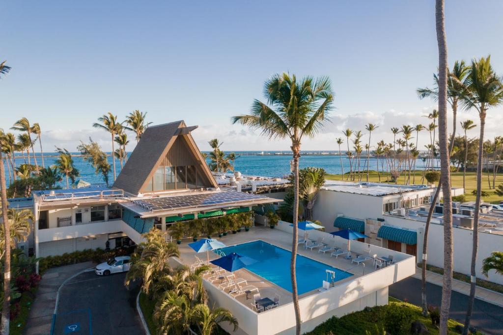 卡胡卢伊毛伊岛海滩酒店的享有度假村的空中景致,设有游泳池和棕榈树