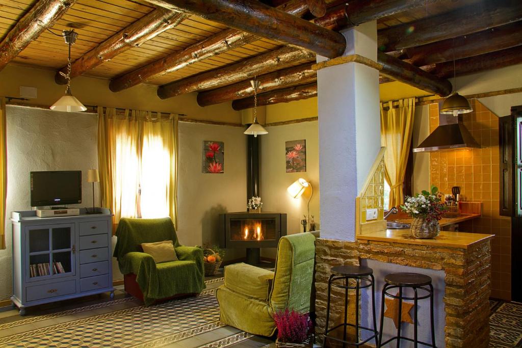 丰特埃里多斯芬卡科罗拉乡村民宿的客厅设有壁炉和绿色椅子