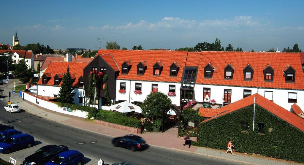普鲁洪尼斯普鲁洪尼斯公园酒店的一条城市街道上一座有橙色屋顶的建筑