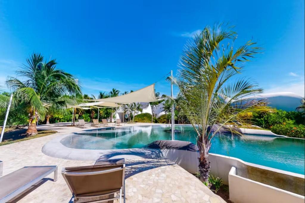 珀拉什奇亚Alterhome Swan villas with swimming pool and ocean views的一个带椅子和棕榈树的度假村游泳池