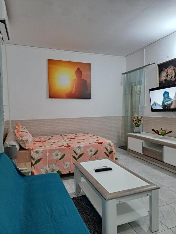 BandréléSTUDIOS BAMBO-EST Sunrise的一间酒店客房,配有一张床和一台电视