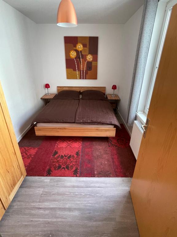 罗斯托克Ruhige Ferienwohnung的一间卧室配有一张床和红色地毯