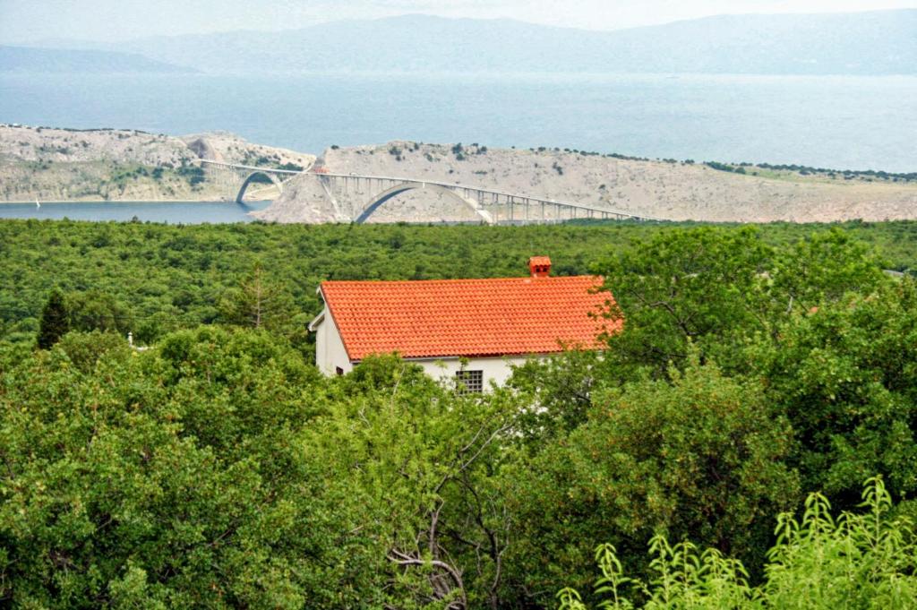 斯姆里卡Apartments with a parking space Smrika, Kraljevica - 5508的一座带桥的田野上带有橙色屋顶的房子