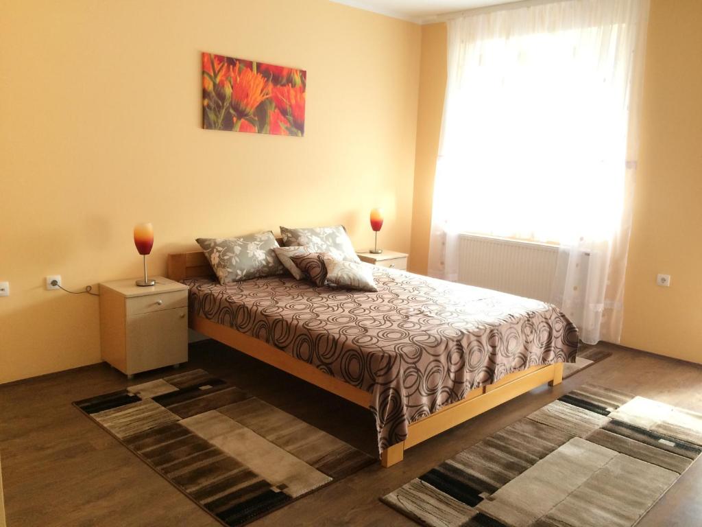 Sremska KamenicaB&B Zmajevo Gnezdo 021的一间卧室配有一张带两盏灯的床和一扇窗户。