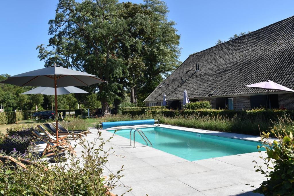 吕洛De Kasteelboerderij的一个带遮阳伞和房子的游泳池