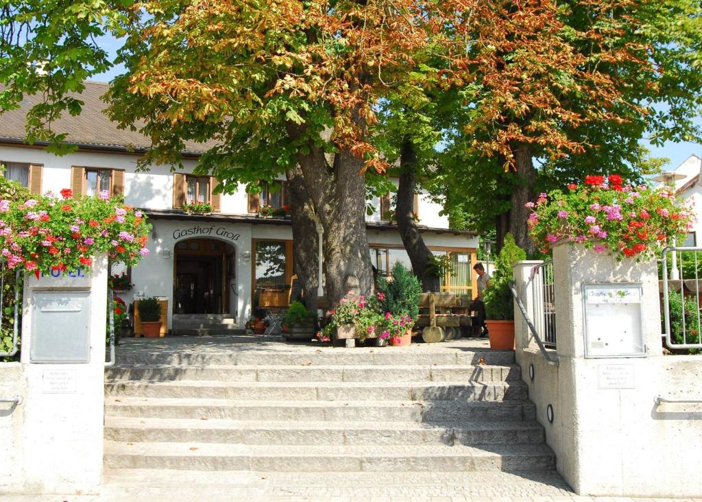 贝格基兴格鲁格酒店的一座带楼梯和鲜花的建筑前的树