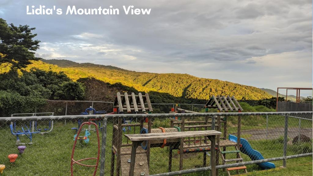 蒙泰韦尔德哥斯达黎加Lidia's Mountain View Vacation Homes的草地上带3个游戏设备的游乐场