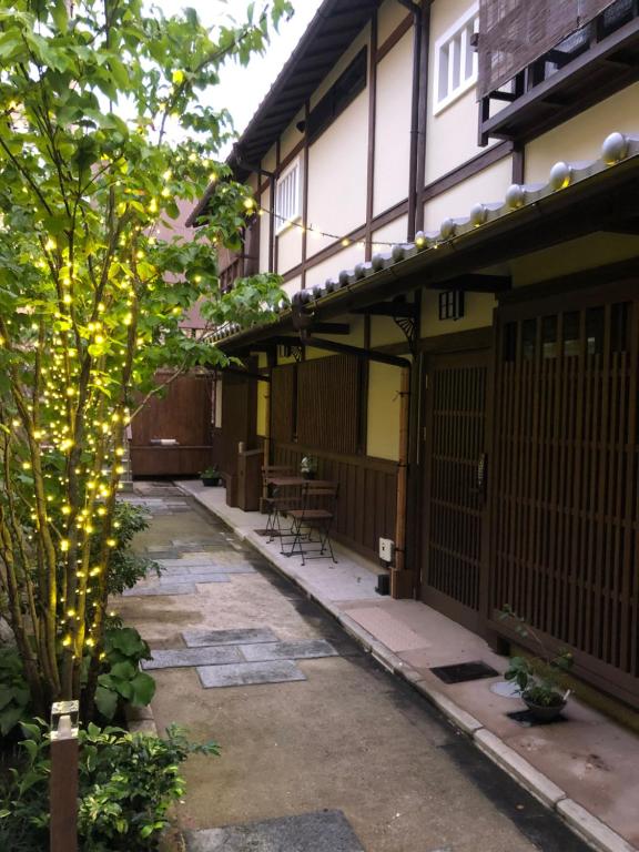 京都Imakumano Terrace - Dohachi An 道八庵的一座建筑的庭院,里面有一棵树和灯光
