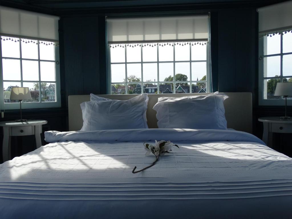 赞丹桑斯安斯风车村美好住宿的蓝色的卧室设有一张大白色的窗户