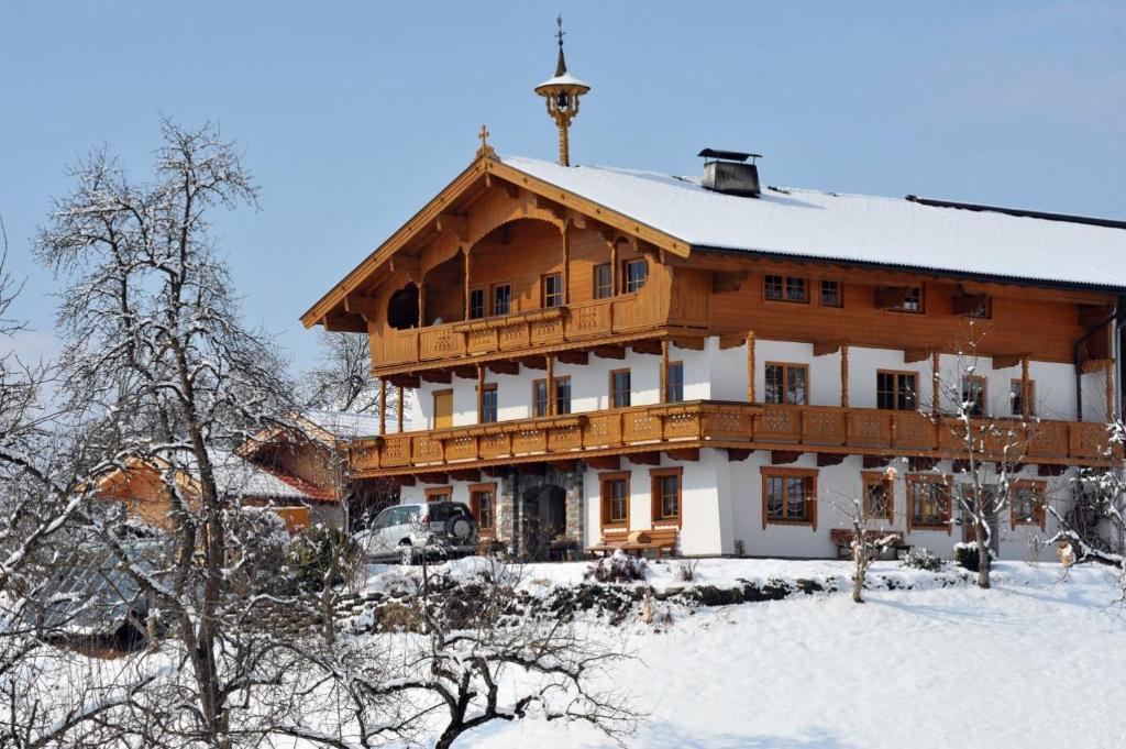 基希比希尔Stegerbauer的一座大木屋,屋顶上积雪
