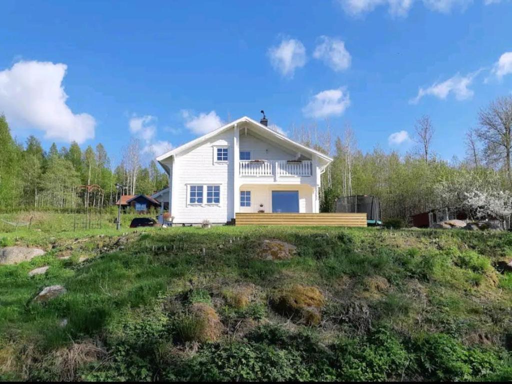 FinnerödjaStunning Tiny House Tree of Life at lake Skagern的草场顶上的白色房子