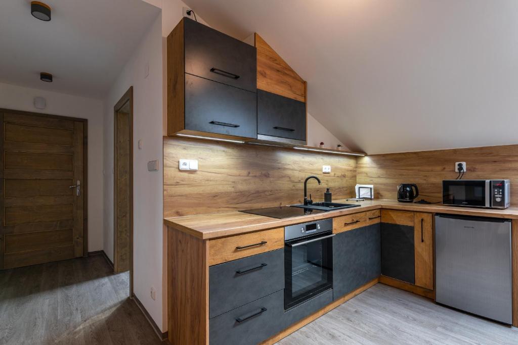 伊赫拉瓦Apartmány Lucie的一个带木制橱柜和水槽的厨房
