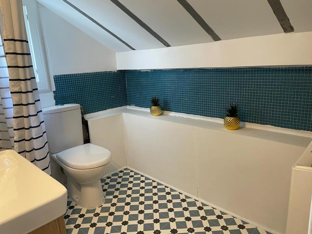 波城Chez Fabien的一间带卫生间的浴室以及黑白格子地板。