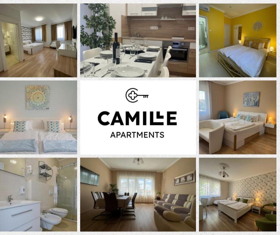 布达佩斯Camille Apartmanhouse的客厅和卧室的照片拼合在一起