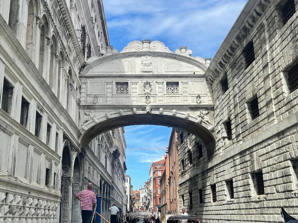 威尼斯Ca' ai Sospiri的一座拱门,里面的人在下面走