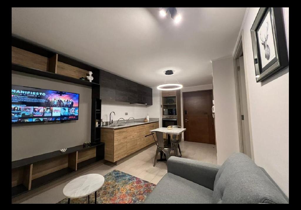 康塞普西翁Perfecto departamento 1dorm/1baño的客厅配有沙发和墙上的电视