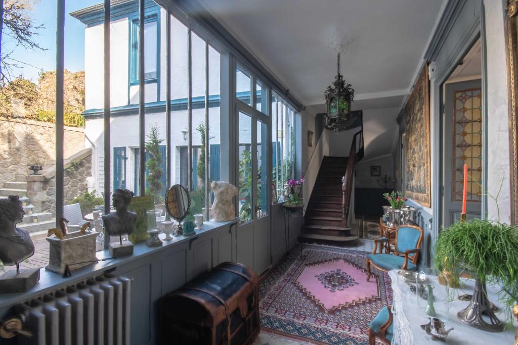 圣布里厄Le Jardin Secret & Spa的一间设有窗户的客房和一个带粉红色地毯的楼梯