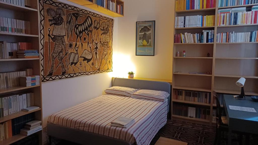 摩德纳Casa Braglia的一间设有书架的房间的卧室