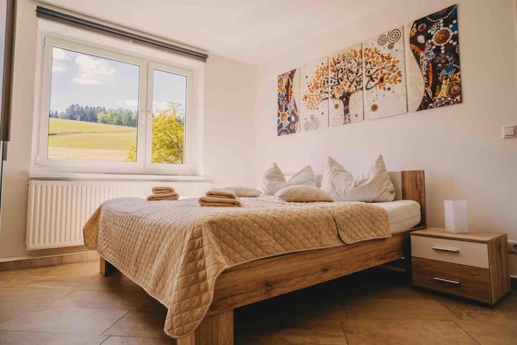 AuerbachFranzis Feriendomizil im Herzgebirge am Skihang的一间卧室设有一张大床和一个窗户。