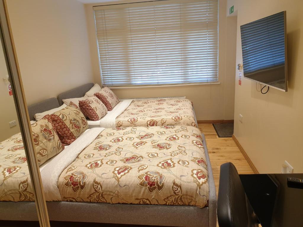 WansteadLondon Luxury Apartments 1 min from Redbridge Station with Parking的一间卧室配有两张床和电视。