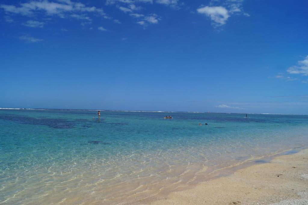 拉萨尔勒班La Villa l'Ancre Marine, pieds dans le lagon !的海滩上有人在水中游泳