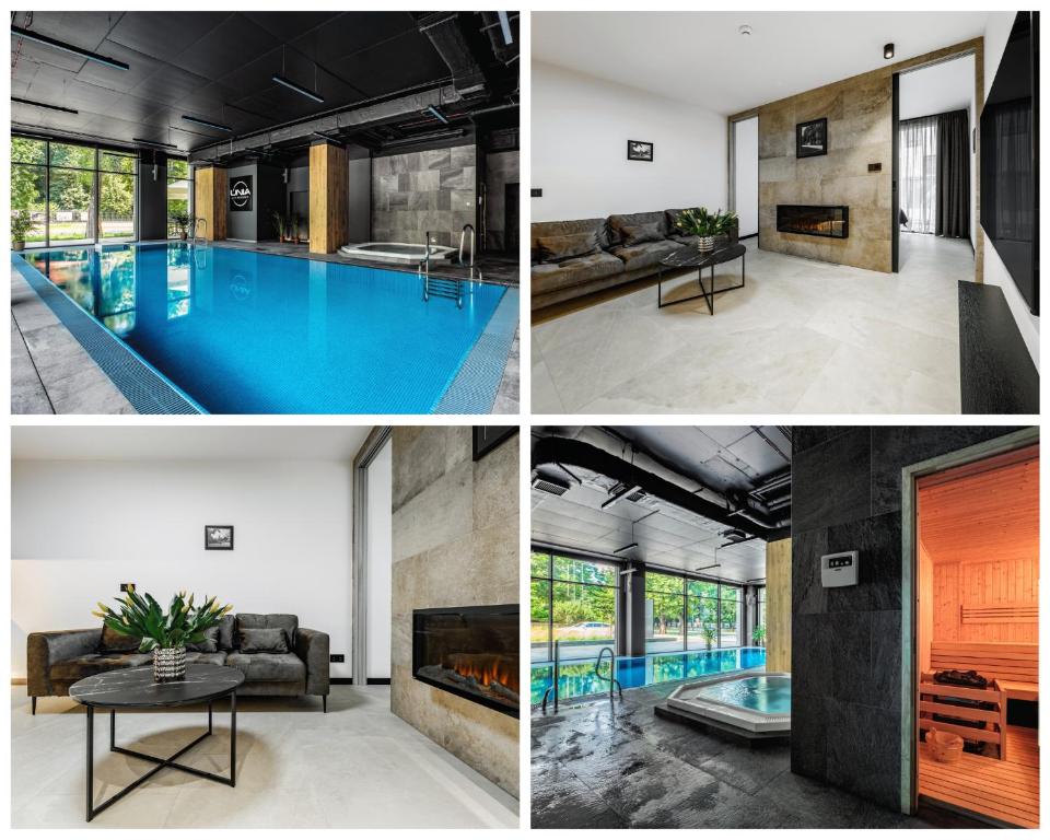 卢布林PLATiNIUM HOUSE&SPA BASEN-SAUNA CENTRUM的一张照片和一座游泳池和一座房子相拼合