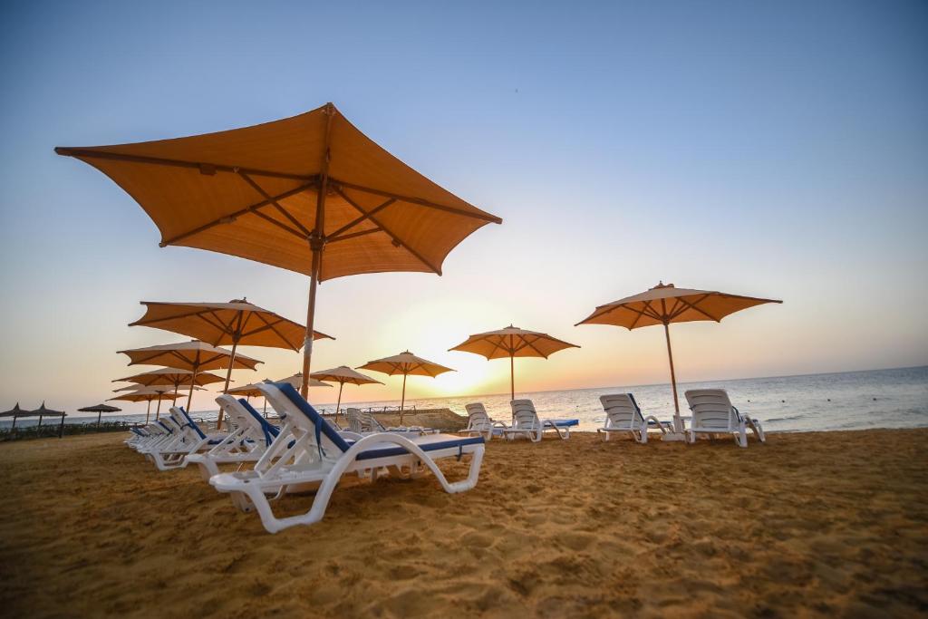 艾因苏赫纳Blumar El Dome Hotel的海滩上的一组椅子和遮阳伞