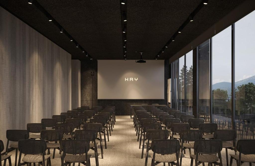 布克维HAY boutique hotel & SPA by Edem Family的一个带椅子和投影屏幕的讲座大厅