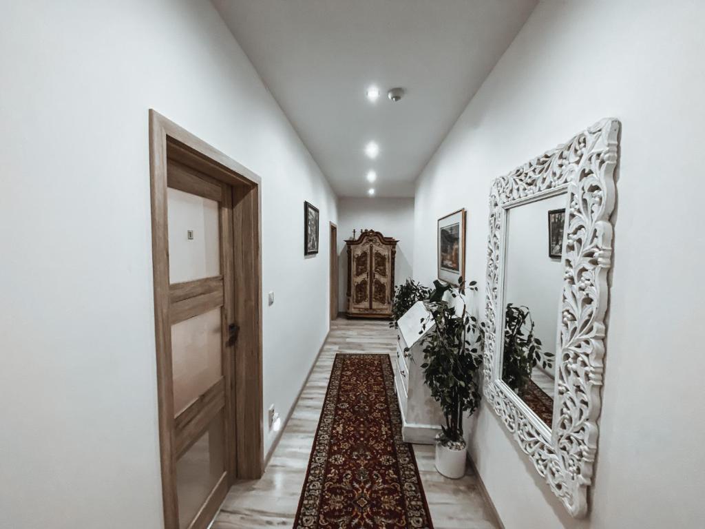 班斯卡-比斯特里察Cozy B&B Home的走廊上设有门、镜子和地毯