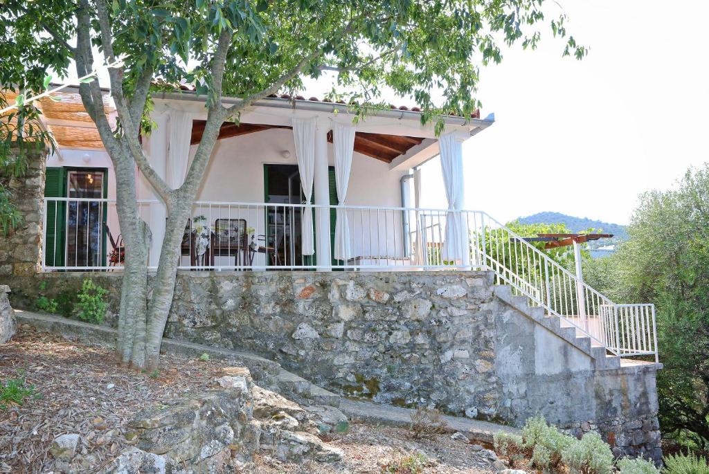萨利Seaside holiday house Sali, Dugi otok - 16128的白色的房子,有石墙和一棵树