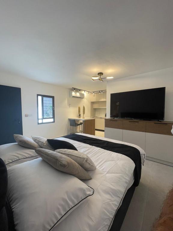 埃拉特rooms 48的一间卧室配有带枕头的床铺和平面电视。