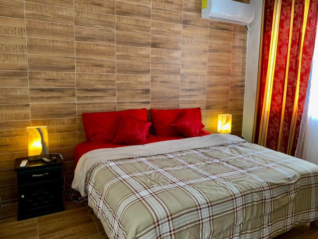 阿卡普尔科Hotel boutique CVC的一间卧室配有一张带红色枕头的大床