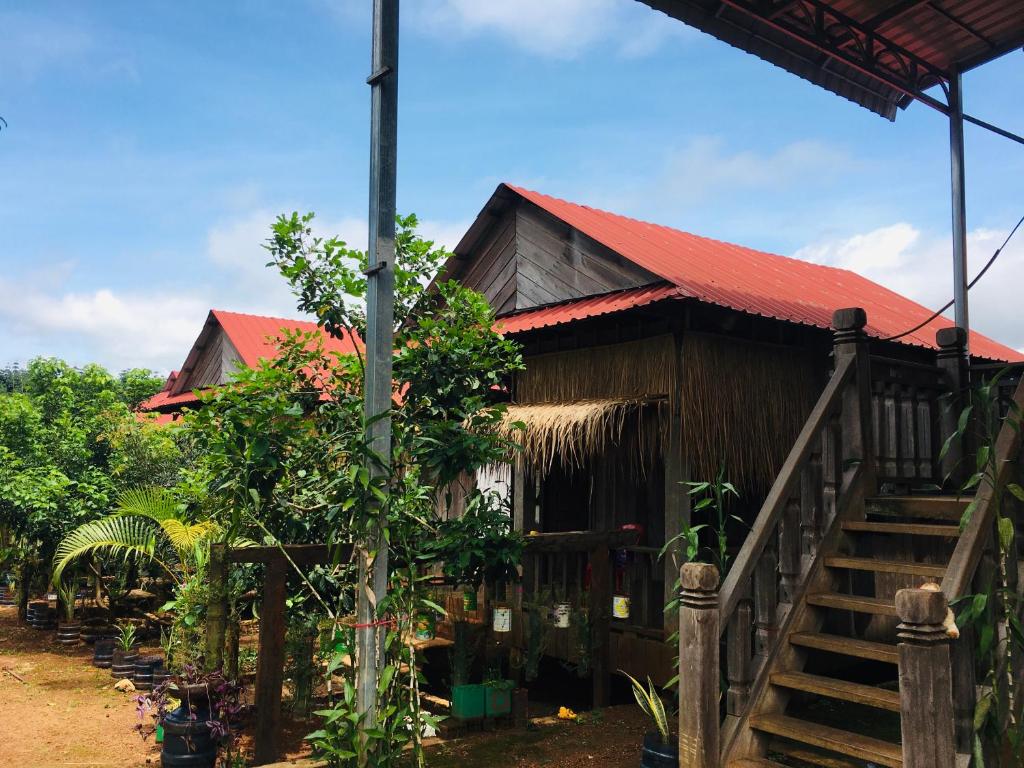 邦隆Ratanakiri Farmhouse & Trekking的一座房子,楼梯通往