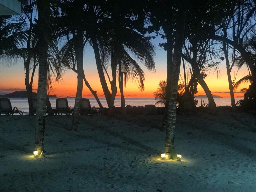 Anse Kerlan开普吉恩玛丽海滩别墅的棕榈树和灯光的海滩上的日落