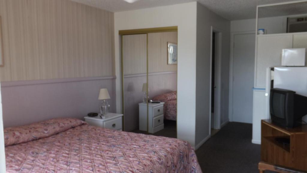 Bull Shoals双湖区汽车旅馆的一间酒店客房,配有一张床和一台电视