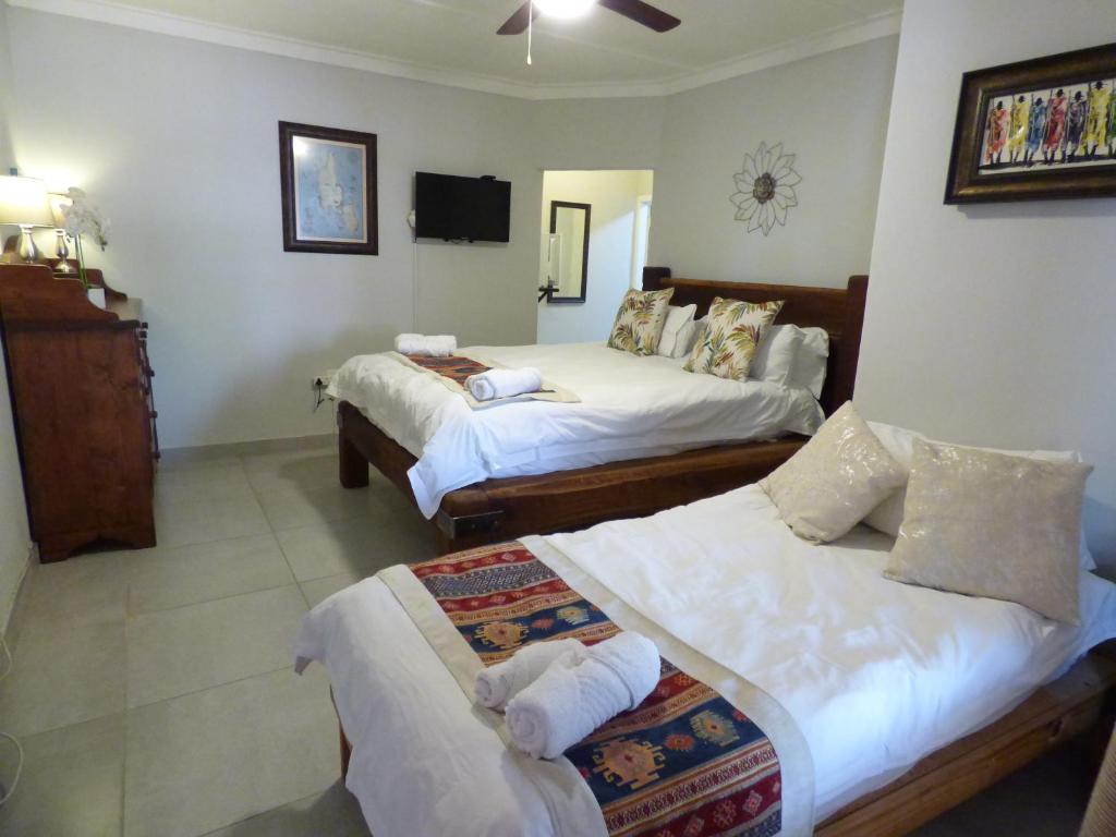 楚梅布Villa Africa Guesthouse的一间酒店客房,设有两张床和电视