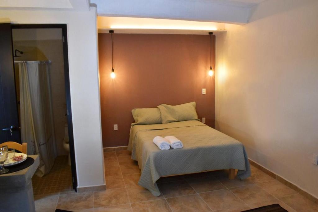 瓦哈卡市Casa Monarca的一间卧室配有一张床,上面有两条毛巾