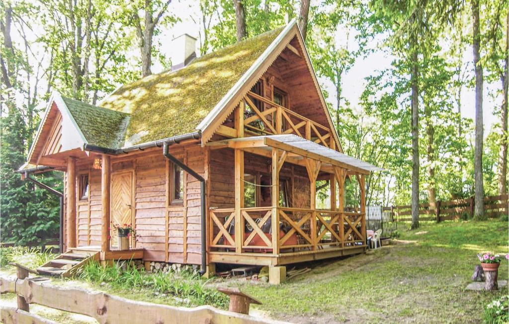 Olsztyn - Siła2 Bedroom Lovely Home In Gietrzwald的一个带草屋顶的小小木屋