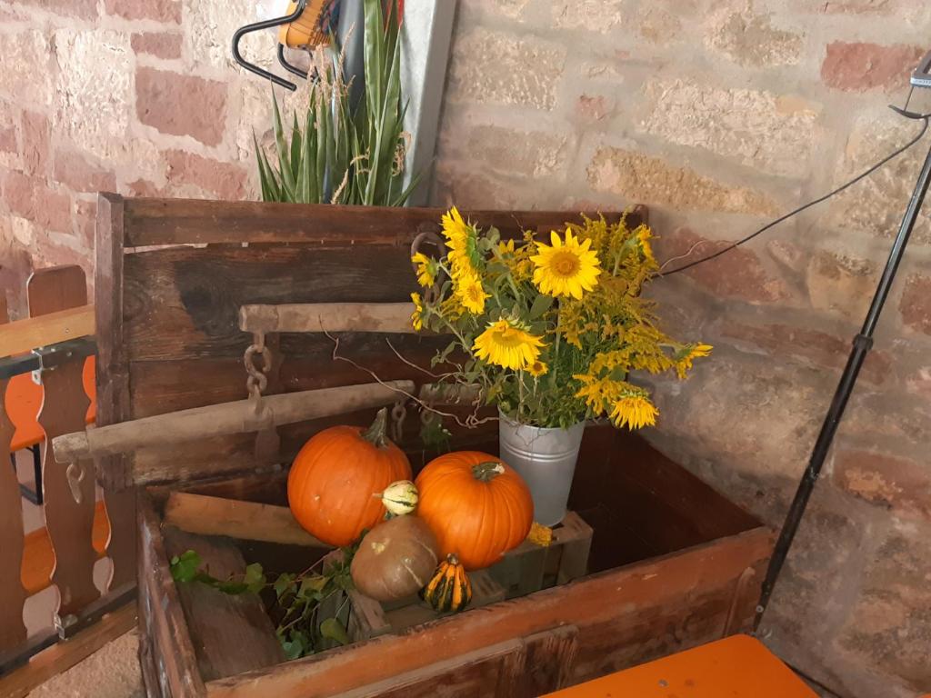 KarbachGästehaus Engelhard Pension的木箱,里面装有南瓜和鲜花