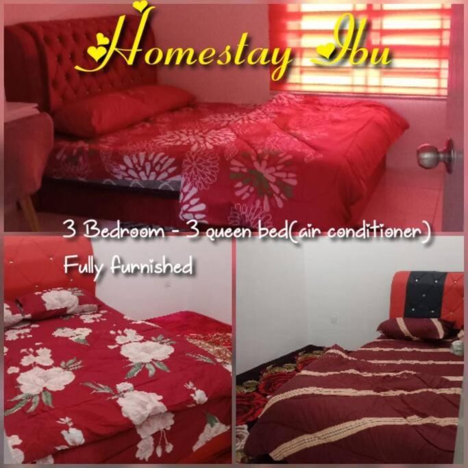 怡保Homestay Ibu(Muslim sahaja)的卧室两张照片,配有一张红色床单