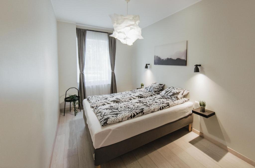 BrocēniRozenstein design apartment的一间卧室配有一张床和一个吊灯